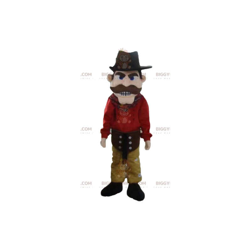 Cowboy BIGGYMONKEY™ mascottekostuum gekleed in rood en geel met Cowboy BIGGYMONKEY™ mascottekostuum gekleed in rood en geel met