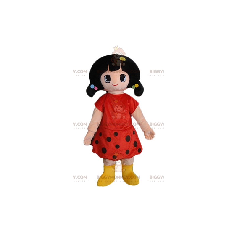 BIGGYMONKEY™ Mascot Costume of Brown Girl Dressed in Red Polka