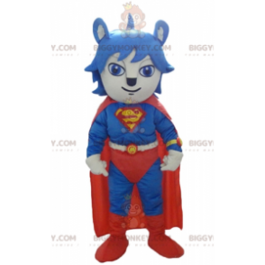 Katt BIGGYMONKEY™ maskotdräkt klädd i rött och blått Superman-dräkt - Kattmaskot - BIGGYMONKEY_03986 - BiggyMonkey.com