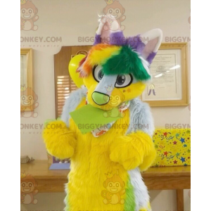 BIGGYMONKEY™ Yellow Green and Purple Furry Cat Mascot Costume -
