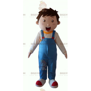Little Boy BIGGYMONKEY™ Maskottchenkostüm mit blauen Overalls -