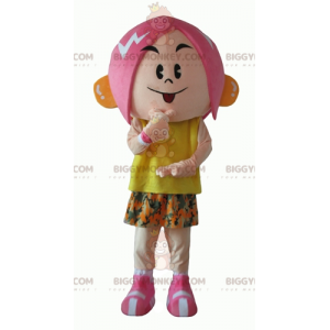 Pink Hair Girl BIGGYMONKEY™ Maskottchen-Kostüm mit Blumen-Outfit - Maskottchen für Jungen und Mädchen - BiggyMonkey.com