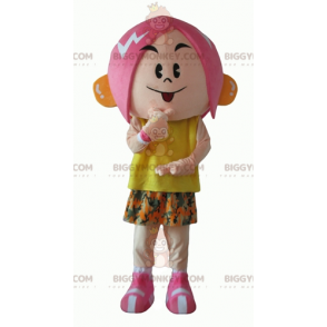 Rosa hår flicka BIGGYMONKEY™ maskotdräkt med blomoutfit - Pojkar och flickor maskot - BIGGYMONKEY_03993 - BiggyMonkey.com