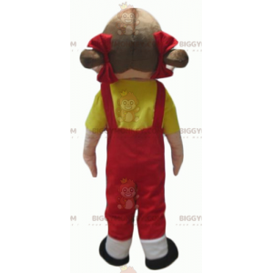 Girl BIGGYMONKEY™ Mascot Costume in Red Overalls with Yellow