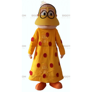 Orientalisk kvinna BIGGYMONKEY™ maskotdräkt med röd prickig gul