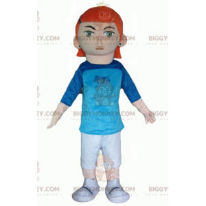 Redhead girl BIGGYMONKEY™ mascot costume with white and blue
