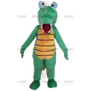 Disfraz de mascota cocodrilo verde y amarillo muy divertido y