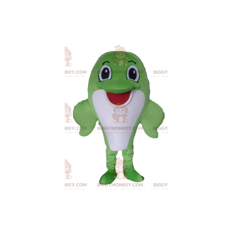 Disfraz de mascota delfín BIGGYMONKEY™ pez grande verde y Disfraz de mascota delfín BIGGYMONKEY™ pez grande verde y