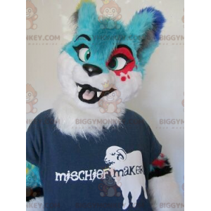 Blue Red and White Furry Cat BIGGYMONKEY™ Mascot Costume -