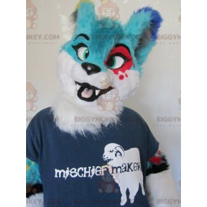 Blå rød og hvit lodnet katt BIGGYMONKEY™ maskotkostyme - Kattemasker - BIGGYMONKEY_0510 - BiggyMonkey.com
