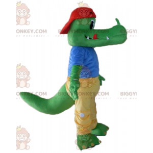 Στολή μασκότ BIGGYMONKEY™ Green Crocodile ντυμένη σε κίτρινο