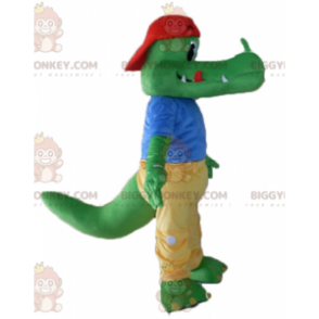 Στολή μασκότ BIGGYMONKEY™ Green Crocodile ντυμένη σε κίτρινο και μπλε - Μασκότ κροκόδειλου - BIGGYMONKEY_04060 - BiggyMonkey.com
