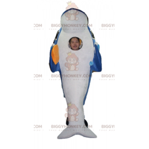 Costume da mascotte BIGGYMONKEY™ delfino blu e bianco gigante e