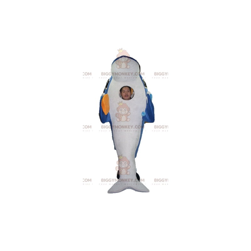 Costume da mascotte BIGGYMONKEY™ delfino blu e bianco gigante e Costume da mascotte BIGGYMONKEY™ delfino blu e bianco gigante e