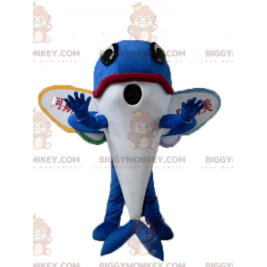 BIGGYMONKEY™ μασκότ στολή μπλε δελφίνι που πετάει ψάρι με φτερά
