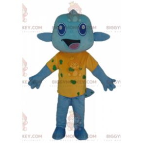 Blå fisk BIGGYMONKEY™ Maskotdräkt med mycket leende gul T-shirt - Fiskmaskot - BIGGYMONKEY_04065 - BiggyMonkey.com