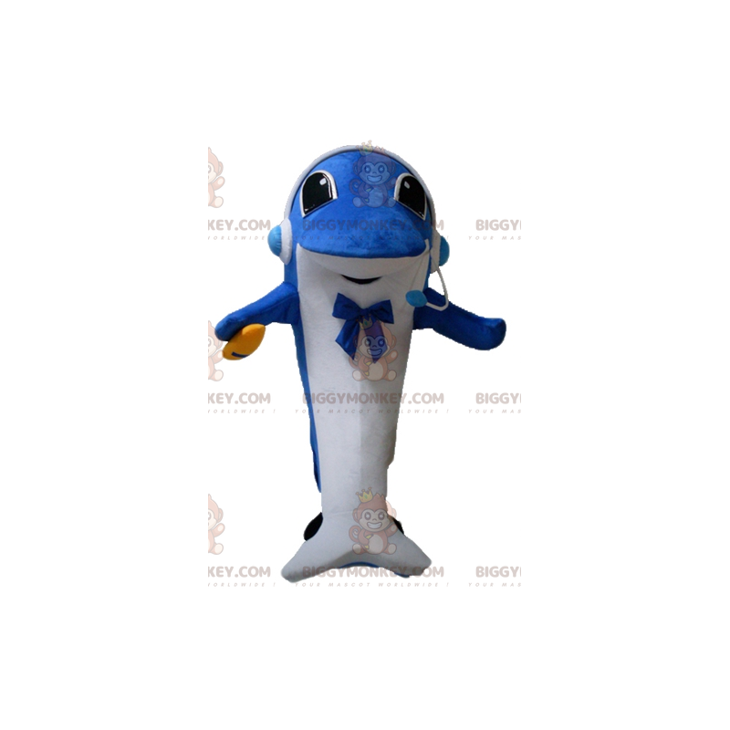 Blå och vit delfin BIGGYMONKEY™ maskotdräkt med hörlurar - Blå och vit delfin BIGGYMONKEY™ maskotdräkt med hörlurar -