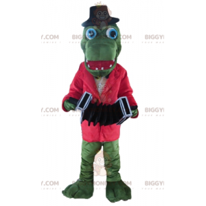 Στολή μασκότ Green Crocodile BIGGYMONKEY™ με κόκκινο σακάκι και ακορντεόν - Μασκότ κροκόδειλου - BiggyMonkey.com
