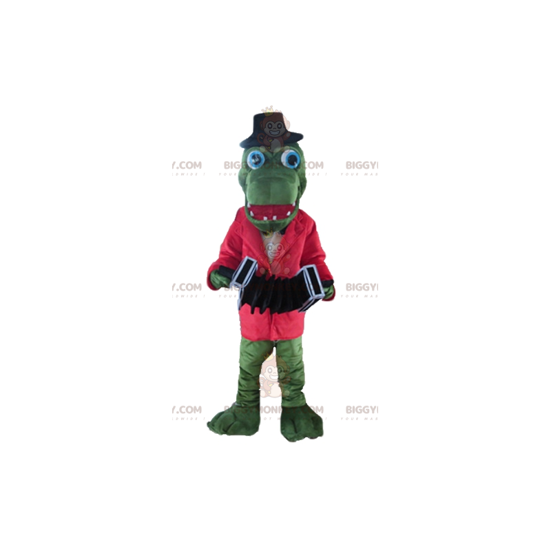Grøn krokodille BIGGYMONKEY™ maskotkostume med rød jakke og Grøn krokodille BIGGYMONKEY™ maskotkostume med rød jakke og