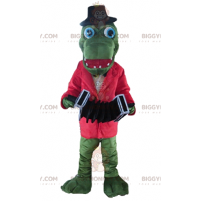 Vihreä krokotiili BIGGYMONKEY™ maskottiasu punaisella takilla ja haitarilla - Krokotiilin maskotti - BiggyMonkey.com