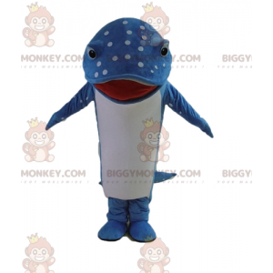 Blå och vit prickiga delfinfisk BIGGYMONKEY™ Maskotdräkt -