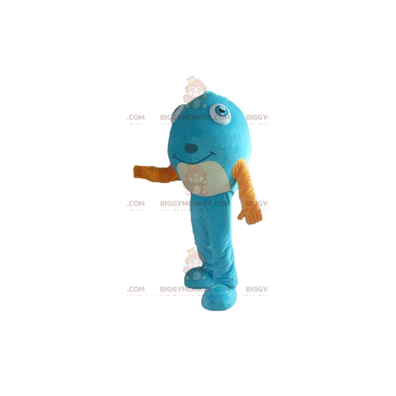 Blue Fish BIGGYMONKEY™ Mascot Costume With Very Smiling Yellow Blue Fish BIGGYMONKEY™ Mascot Costume With Very Smiling Yellow