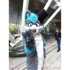Blauw grijze en witte harige hond BIGGYMONKEY™ mascottekostuum