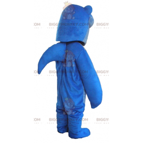 Traje de mascote de tubarão azul com dentes grandes