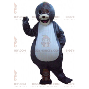 Traje de mascote de lontra cinza e branca sorridente fofa