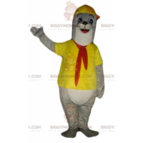 BIGGYMONKEY™ maskotkostume Grå og hvid Otter klædt i gult - Skovdyr - BIGGYMONKEY_04137 - BiggyMonkey.com