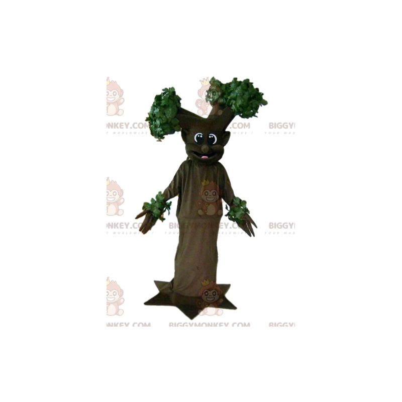 Costume da mascotte gigante sorridente marrone e albero verde
