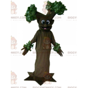 Traje de mascote gigante de árvore marrom e verde sorridente