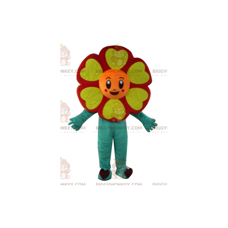 Costume de mascotte BIGGYMONKEY™ de fleur rouge orange jaune et