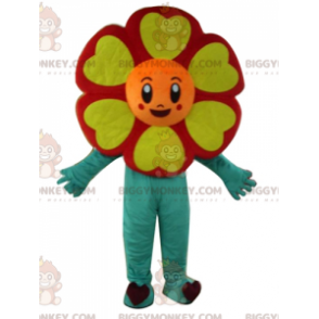 Costume de mascotte BIGGYMONKEY™ de fleur rouge orange jaune et verte très souriante - Mascottes de plantes - BiggyMonkey.com