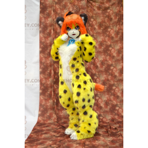 BIGGYMONKEY™ Mascot Costume Yellow Spotted Cat with Orange Hair