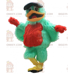 Grüner und roter Vogel BIGGYMONKEY™ Maskottchenkostüm mit Baskenmütze
