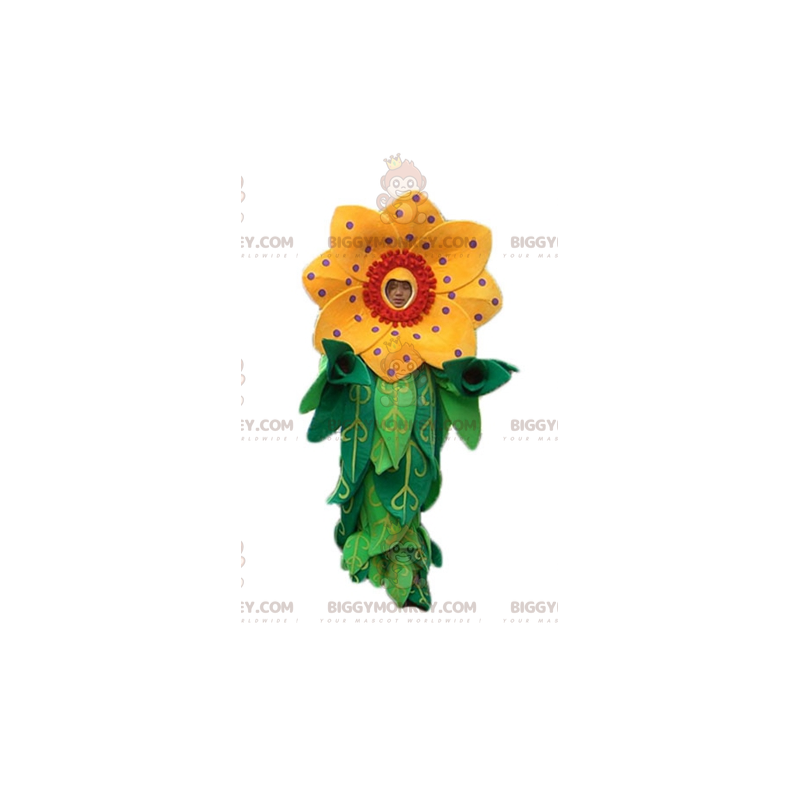 BIGGYMONKEY™ maskotkostume af smuk gul og rød blomst med blade BIGGYMONKEY™ maskotkostume af smuk gul og rød blomst med blade