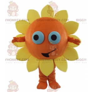 Mycket leende solorange och gul blomma BIGGYMONKEY™ maskotdräkt