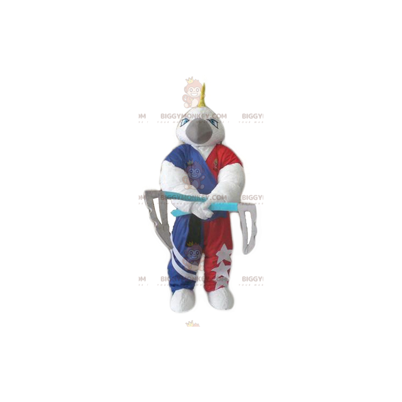 Costume da mascotte Pappagallo bianco BIGGYMONKEY™ con stemma e Costume da mascotte Pappagallo bianco BIGGYMONKEY™ con stemma e