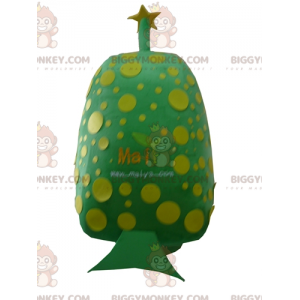 Traje de mascote de homem verde de bolinhas amarelas gigantes