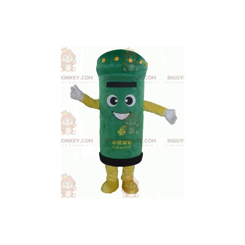  Costume mascotte BIGGYMONKEY™ Mailbox verde e giallo molto sorridente - Mascotte di oggetti - BiggyMonkey.com