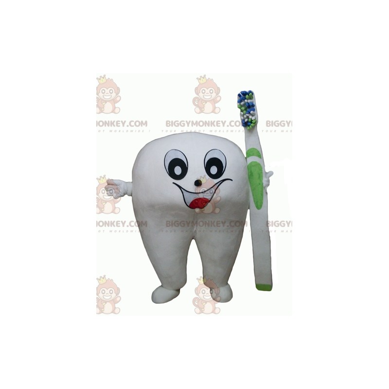 Giant White Tooth BIGGYMONKEY™ maskotdräkt med tandborste - Maskot av objekt - BIGGYMONKEY_04288 - BiggyMonkey.com