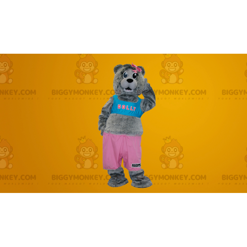 Grauer Teddybär BIGGYMONKEY™ Maskottchenkostüm in Pink und Blau