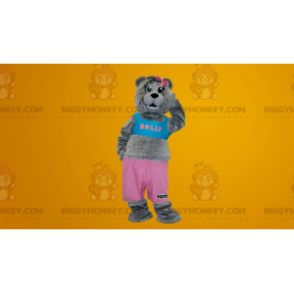 Grauer Teddybär BIGGYMONKEY™ Maskottchenkostüm in Pink und Blau