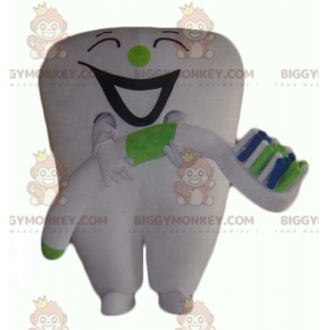 Giant White Tooth BIGGYMONKEY™ maskotdräkt med tandborste - Maskot av objekt - BIGGYMONKEY_04299 - BiggyMonkey.com