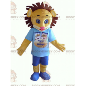Kostium maskotki BIGGYMONKEY™ z żółtego i brązowego lwiątka w niebieskim stroju - Maskotki lwa - BiggyMonkey.com