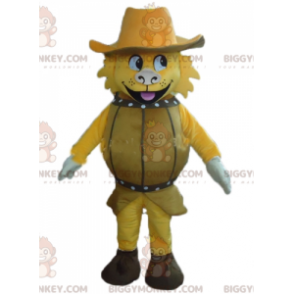 Costume de mascotte BIGGYMONKEY™ de chien jaune dans un tonneau avec un chapeau - Mascottes de chien - BiggyMonkey.com