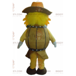Costume de mascotte BIGGYMONKEY™ de chien jaune dans un tonneau avec un chapeau - Mascottes de chien - BiggyMonkey.com
