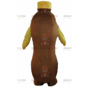 Kostým maskota BIGGYMONKEY™ z hnědé a žluté čokoládové láhve na