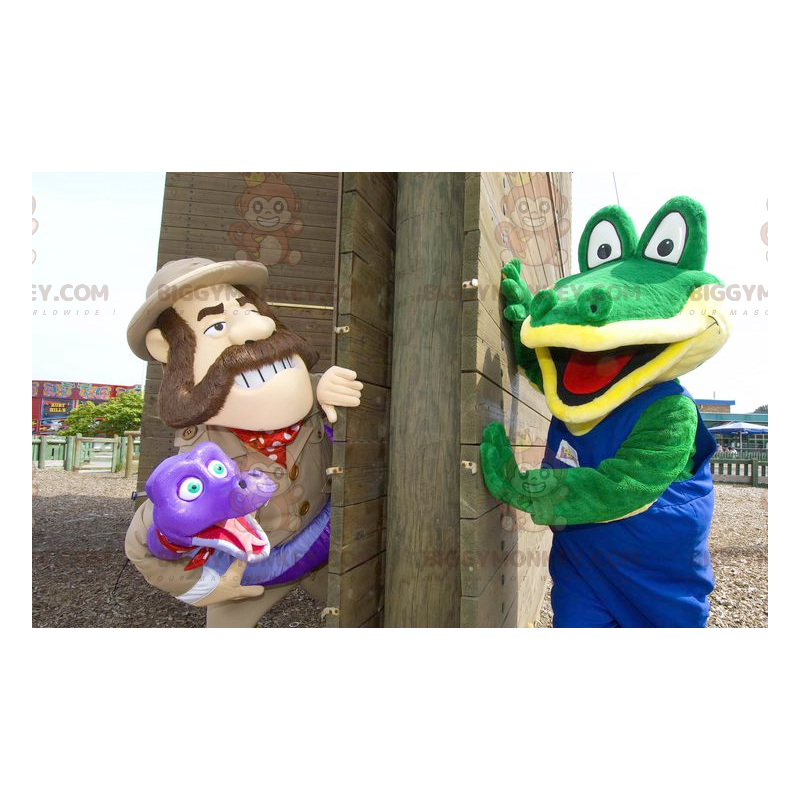 2 BIGGYMONKEY™s maskot en grønn krokodille og en oppdagelsesreisende som holder en slange - Krokodille maskot - BiggyMonkey.com